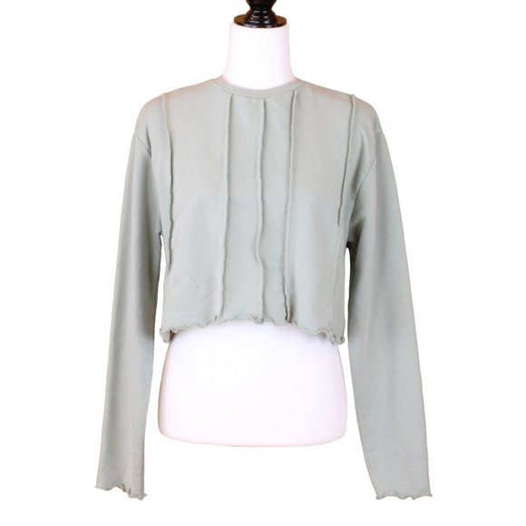 Nasty Gal Collection Cropped Ruffle Sweatshirt Women Top Small Sage Green CA211 - Picture 1 of 7